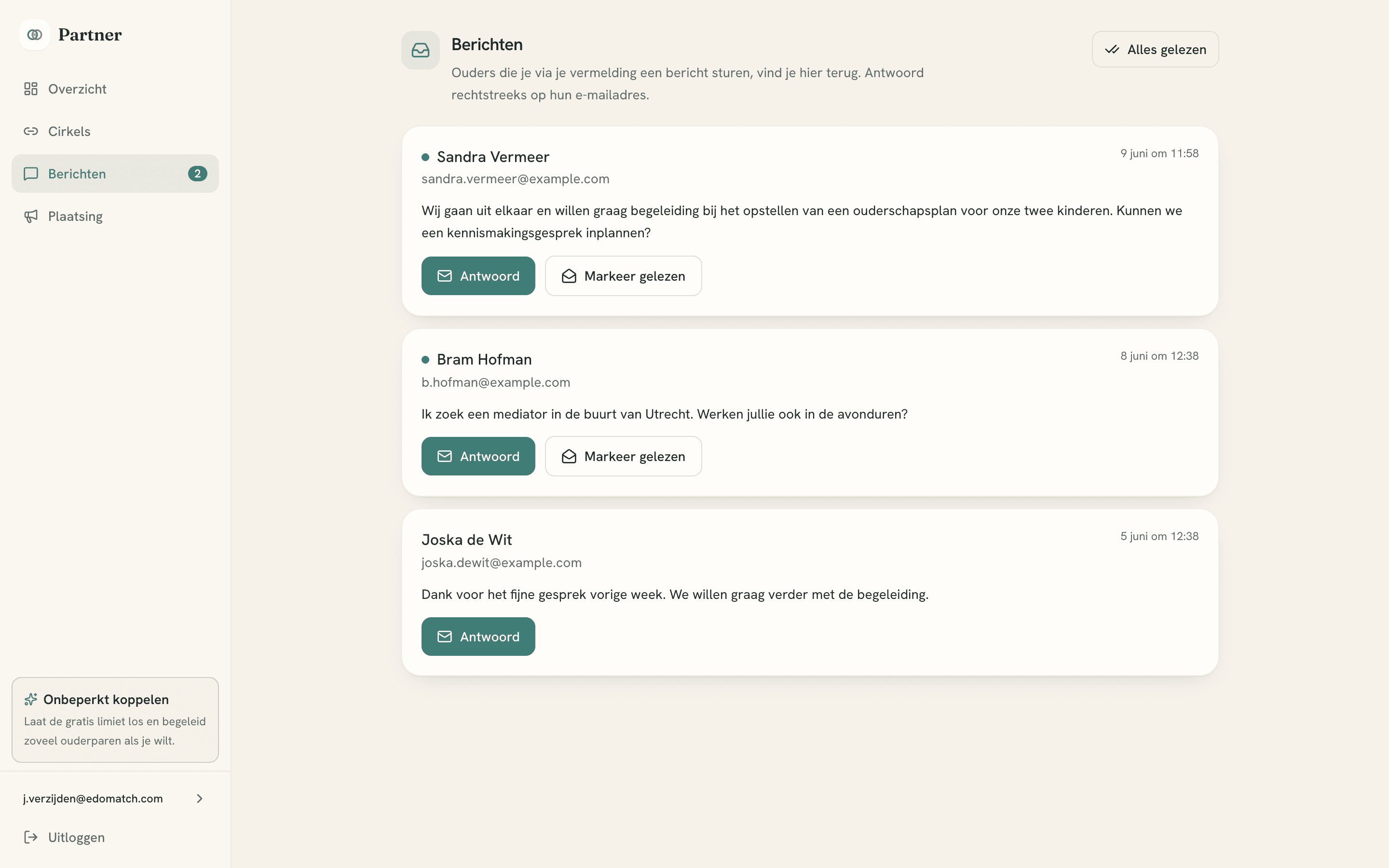 Inbox met binnengekomen aanvragen van ouderparen